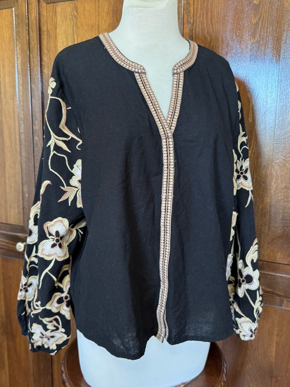 Calypso St Barth Black Cotton Linen Embroidered Floral Boho Peasant Blouse L